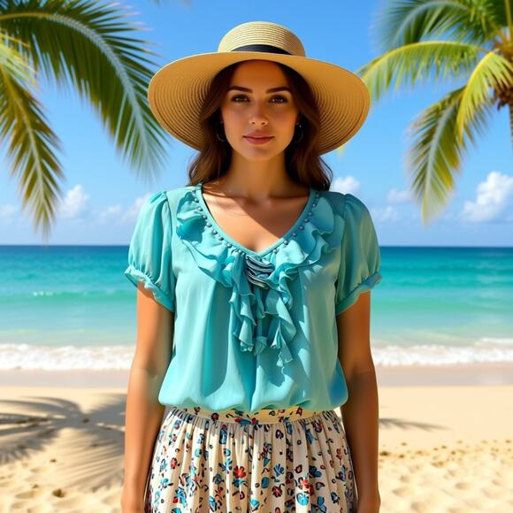 Beryl Tops - Vintage Y2K AquaBlue Layered Blouse Chiffon Ruffles PuffSleeve Bow Mermaidcore S